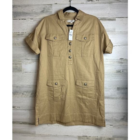 Loft Women's Small tan Twill Patch Pocket pull over Mini Dress new with tag fall - Picture 2 of 6